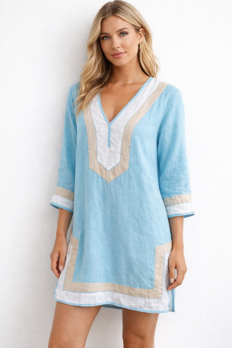 Dea Positano Made in Italy 100% Linen Tunic Dress XS Blue Beige Trim Boho Resort